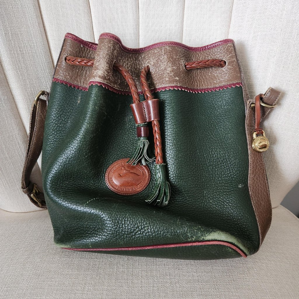 Poor Condition Dooney  Bourke Vintage Teton Green Leather Drawstring Tote Bag